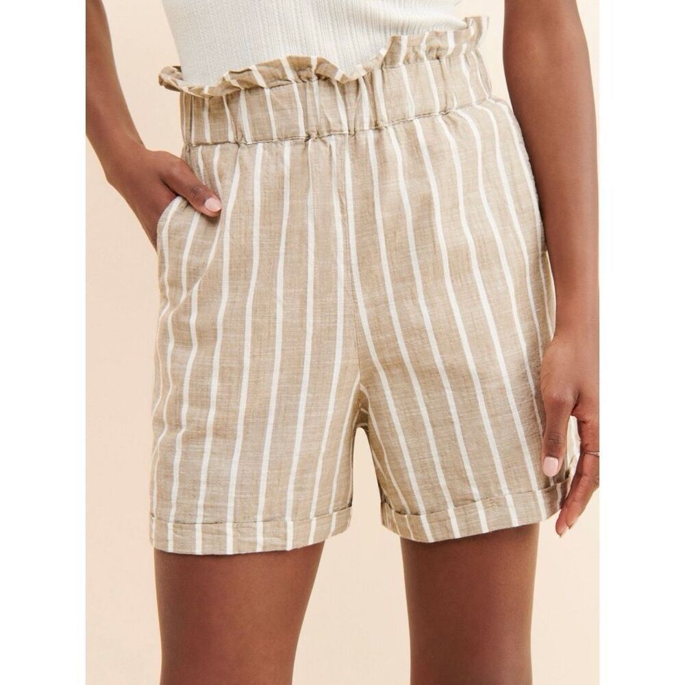 ICHI Sz M Striped Paperbag Shorts Beige White Linen Look Coastal Anthropologie - Picture 5 of 10